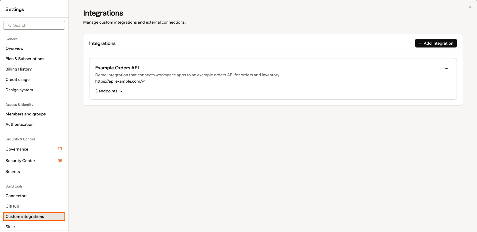 The Custom integrations page in workspace settings, listing an integration
