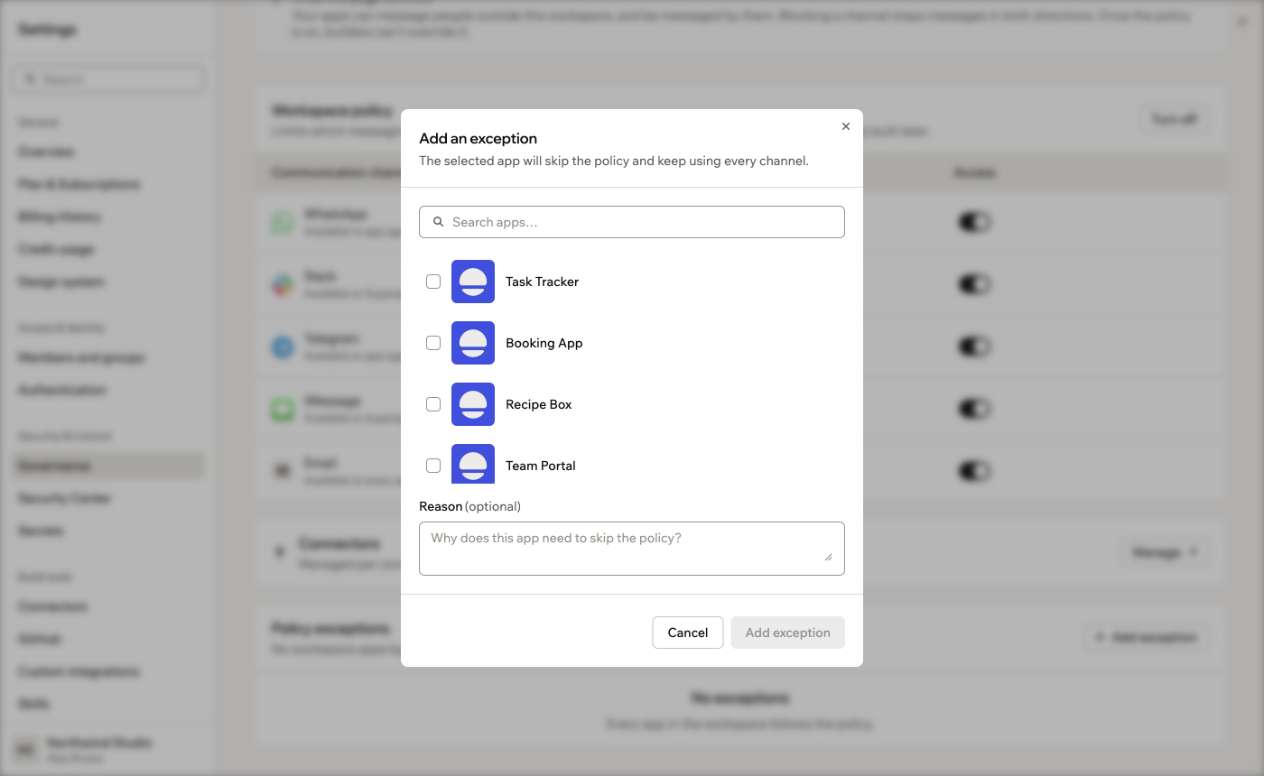 A screenshot of the Add an exception dialog, showing the app list and the optional Reason field
