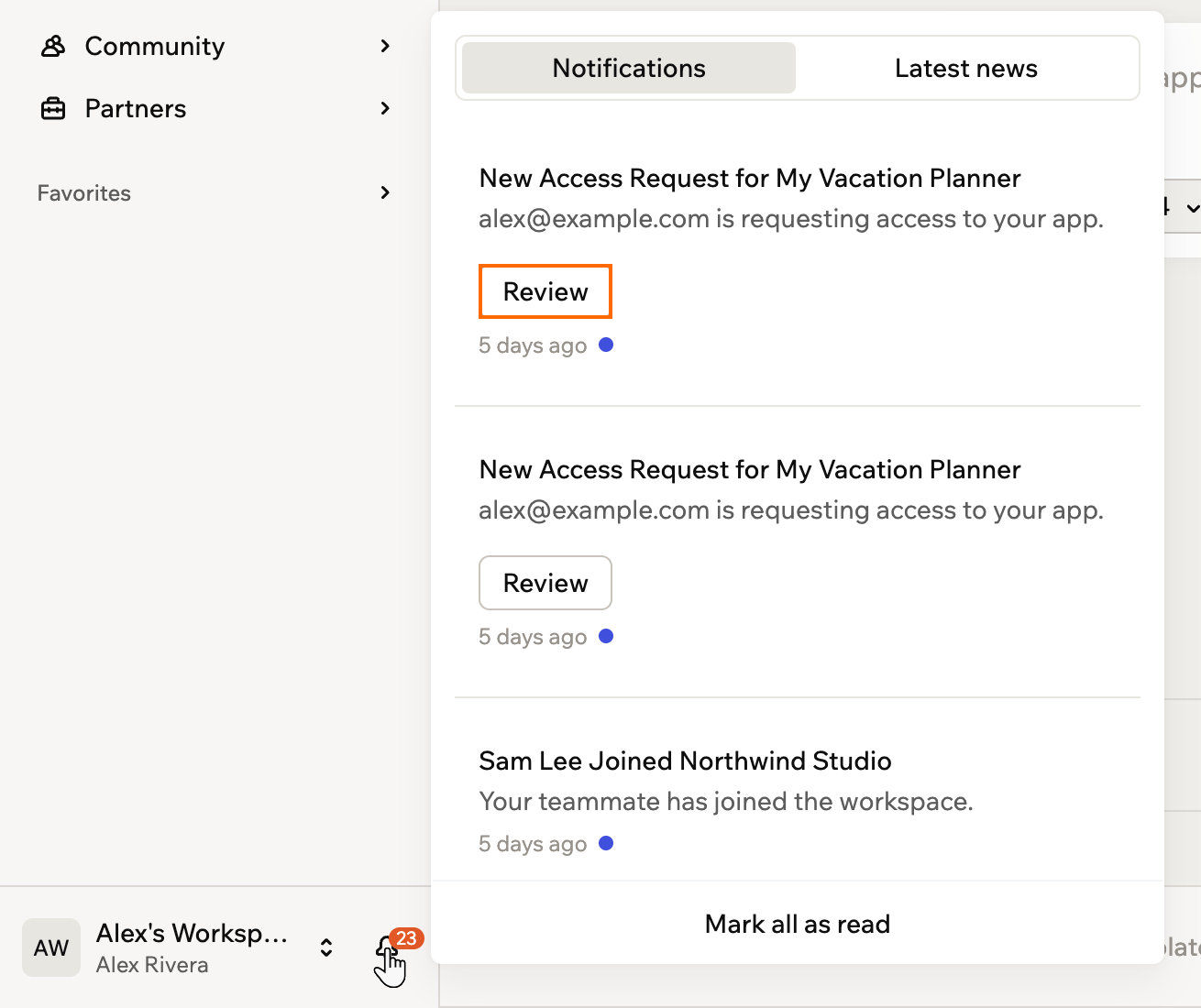 Notifications panel showing a new access request with the Review button outlined
