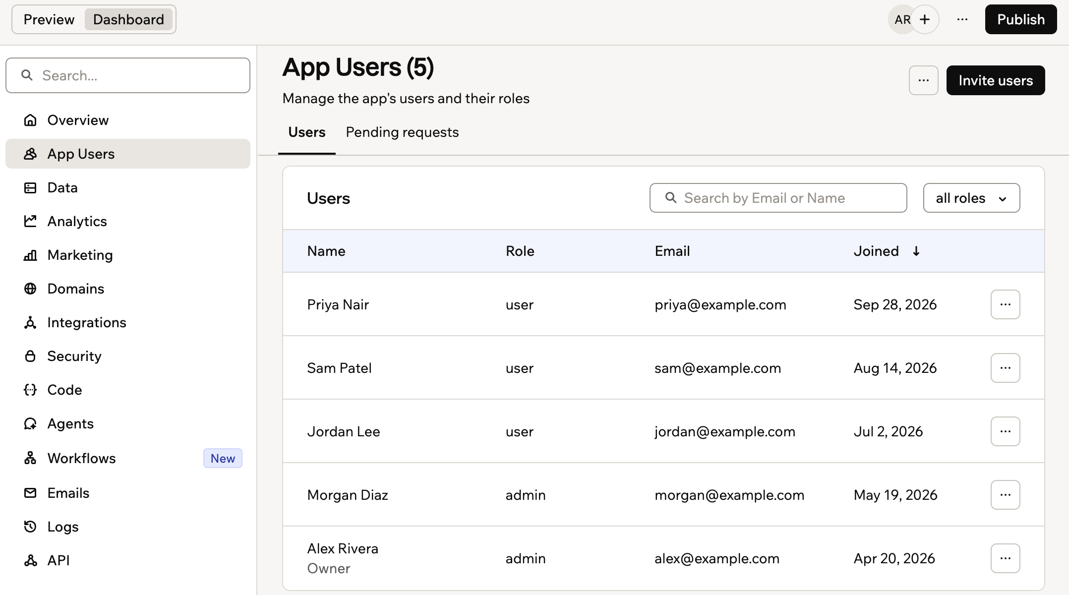 App Users page in the app dashboard, showing users and their roles