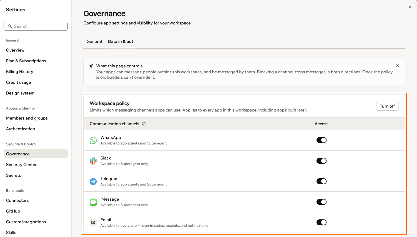 A screenshot of the workspace policy on the Data in and out tab, showing the communication channels table