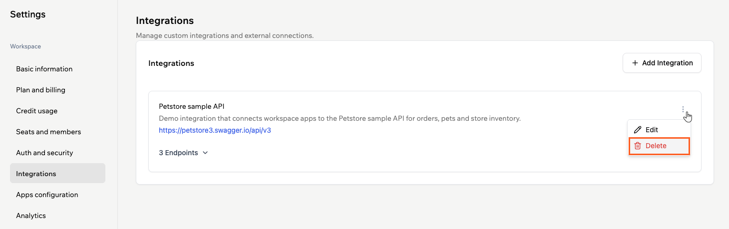 Deleting a workspace integration