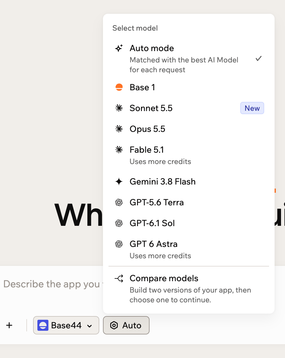 Uno screenshot del selettore del modello nella homepage di Base44 con i modelli, incluso GPT 6 Astra