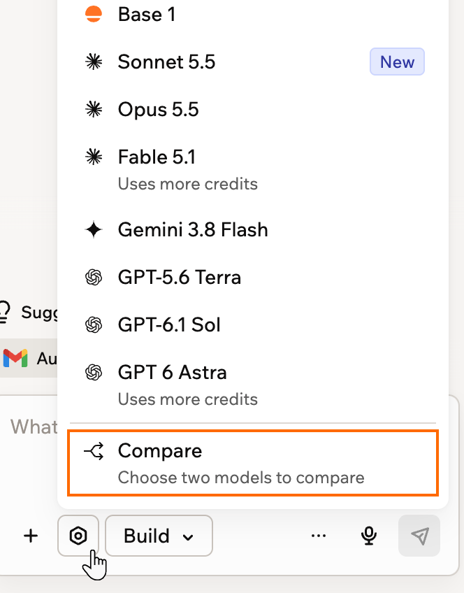 Uno screenshot del selettore del modello con l'opzione Compare evidenziata sotto l'elenco dei modelli