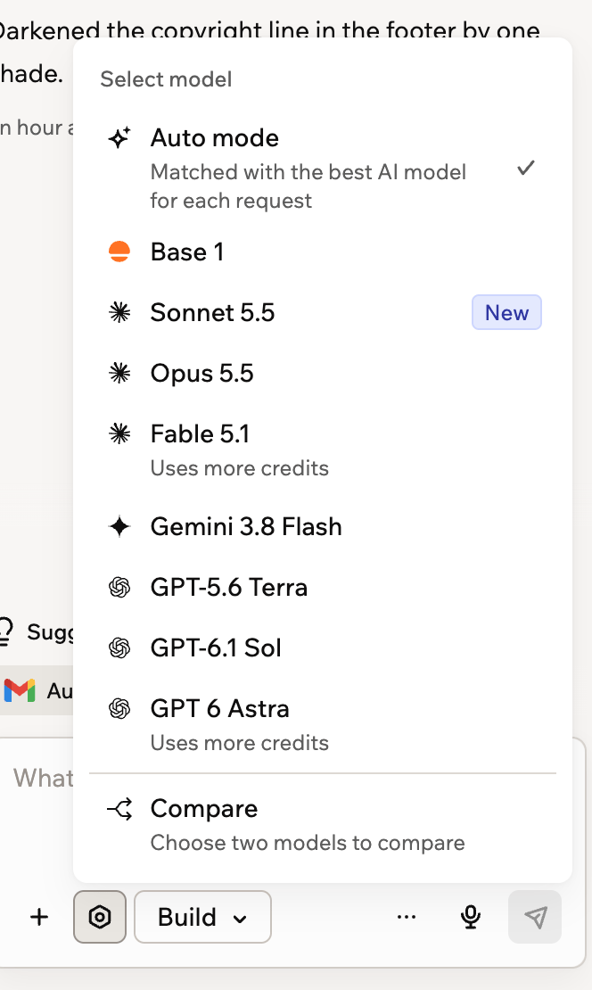 Uno screenshot del selettore del modello nell'editor dell'app con i modelli, incluso GPT 6 Astra