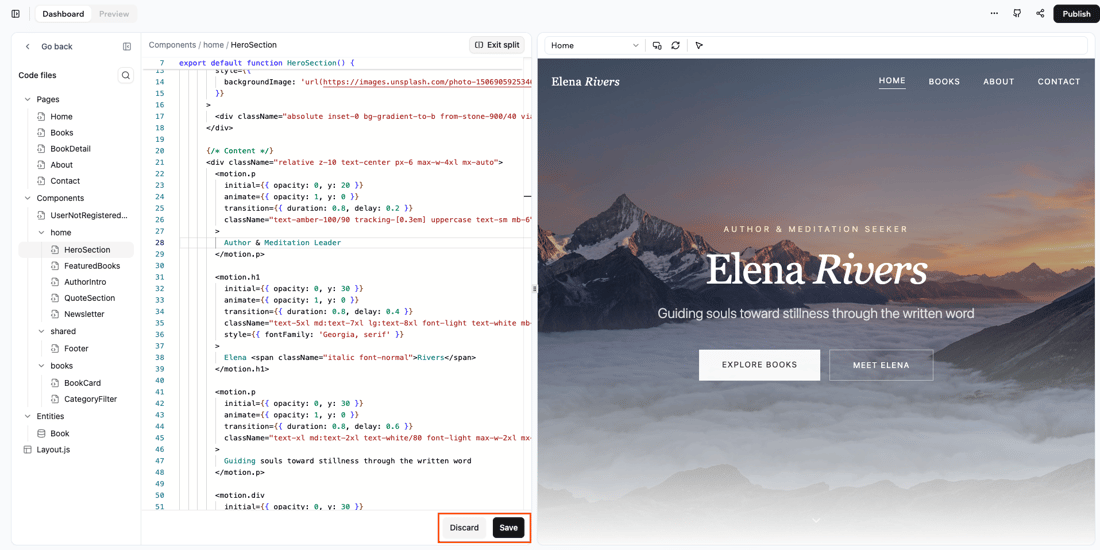 Base44’s official documentation screenshot of its split code editor and website preview, showing an example author site. The app content is vendor demonstration material.
