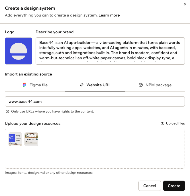 The Create a design system dialog with a logo, a brand description, an imported source, and uploaded design resources