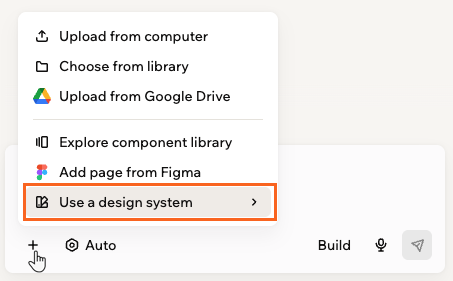 The AI chat Add menu open with Use a design system highlighted