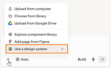 Das geöffnete Add-Menü im KI-Chat mit hervorgehobenem Use a design system