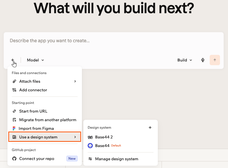 The home prompt box with the Add menu open, Use a design system highlighted, and the design system list beside it