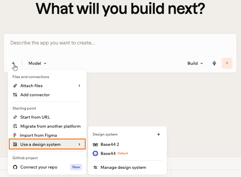 Das Prompt-Feld der Startseite mit geöffnetem Add-Menü, hervorgehobenem Use a design system und der Design-System-Liste daneben