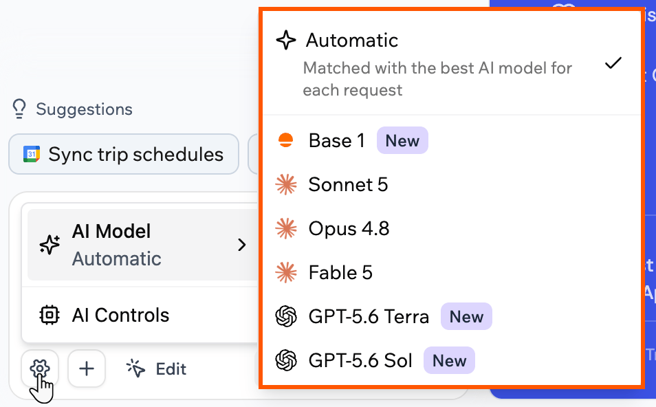 Choosing an AI model in the app editor