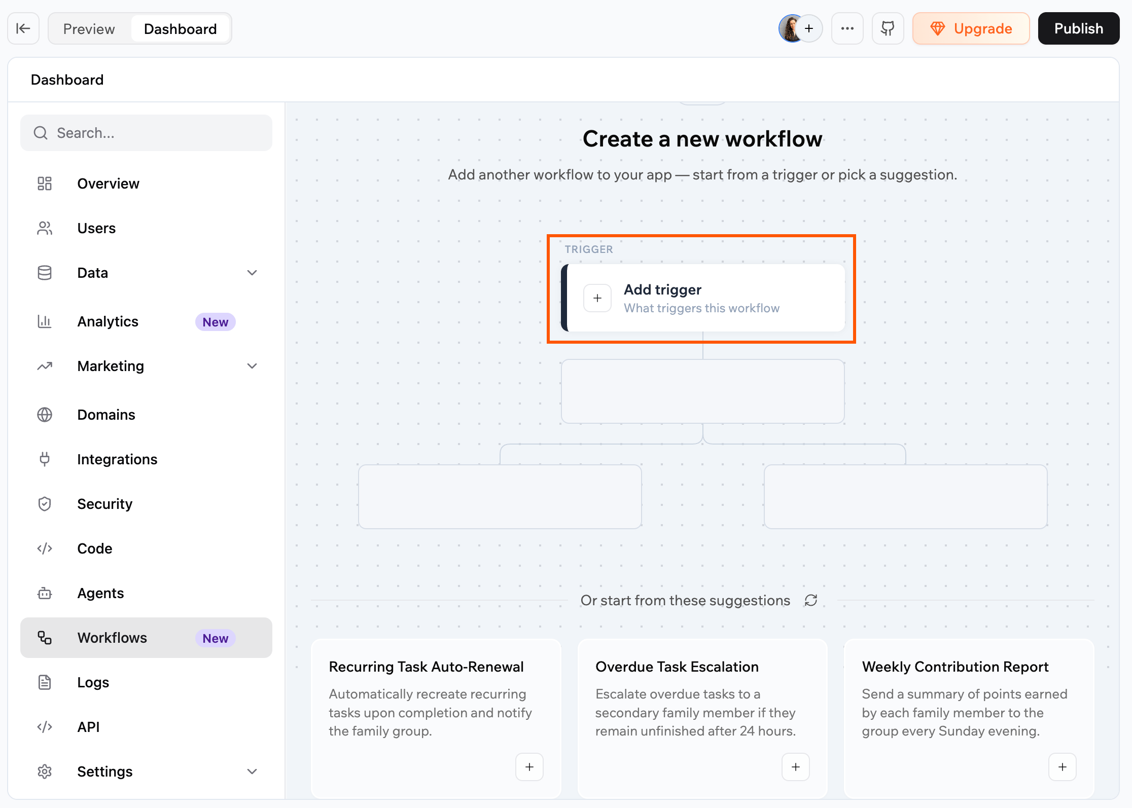 The Create a new workflow canvas with the Add trigger node