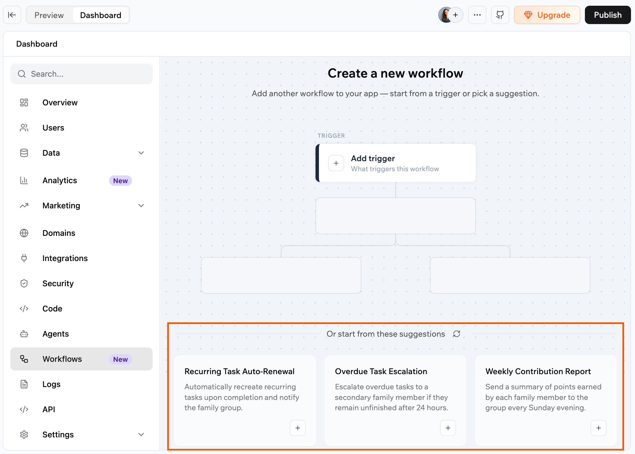 Starting a workflow from a suggestion