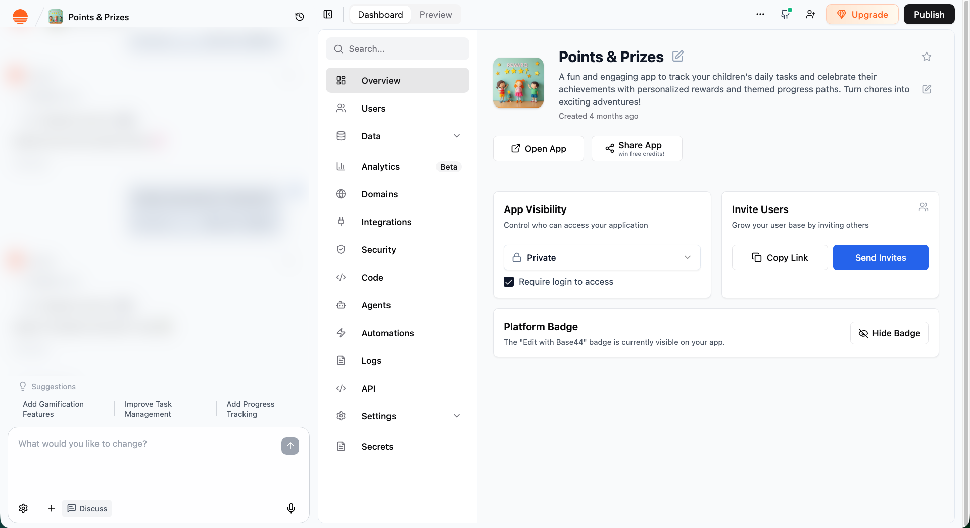 Accessing your app's dashboard in the Base44 app editor