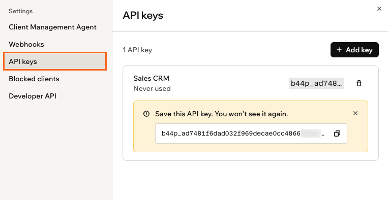 La pestaña de configuración API keys mostrando una nueva clave con un recordatorio para guardarla