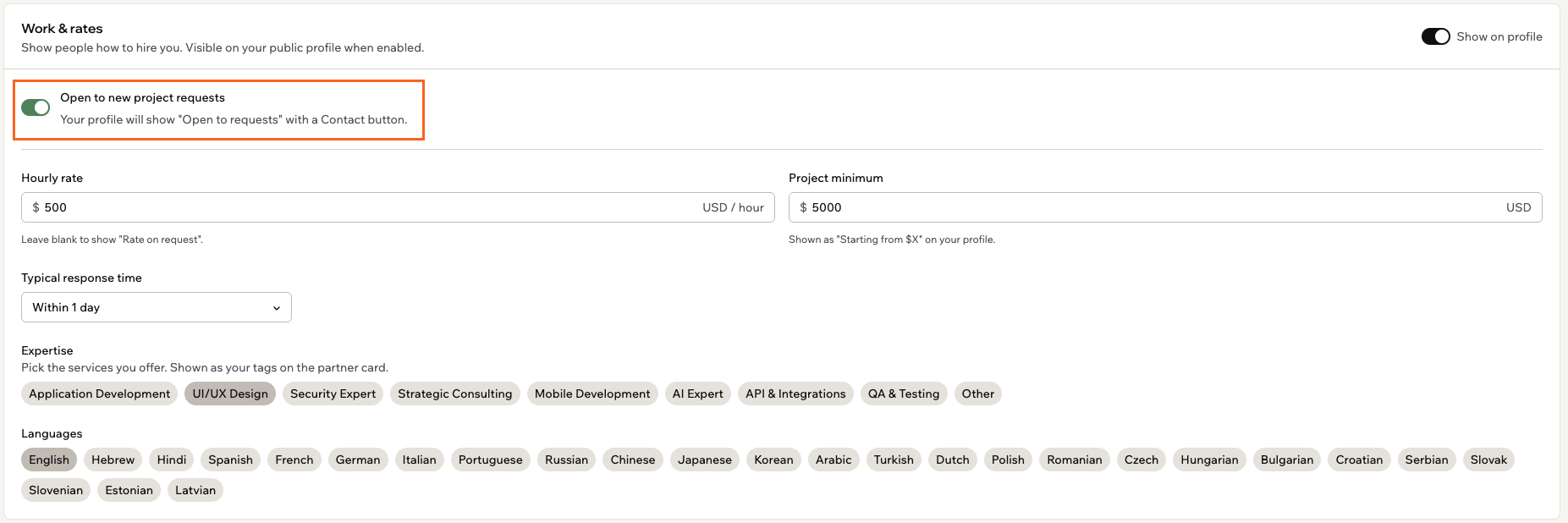 La sección Work & rates de un perfil de partner, con el interruptor Open to new project requests resaltado