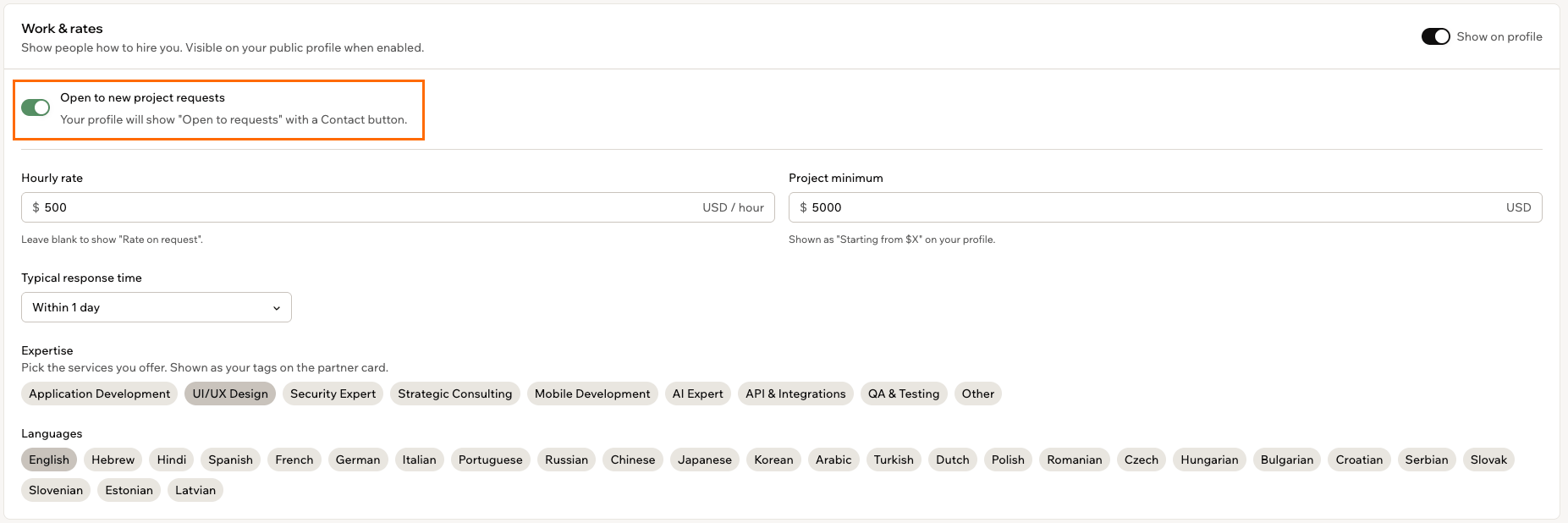 パートナープロフィールの Work & rates セクション。Open to new project requests トグルがハイライトされている