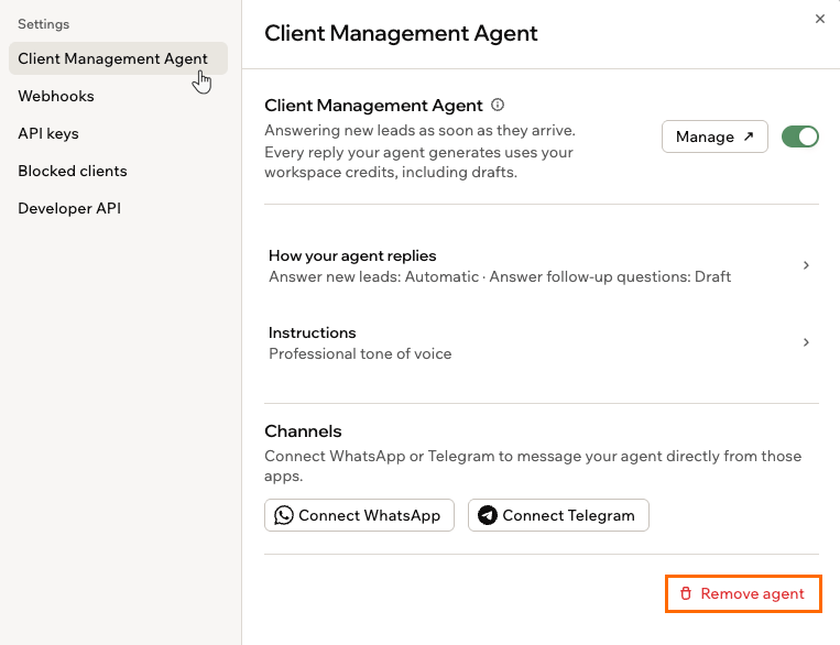 Client Management Agent の設定。下部の Remove agent ボタンがハイライトされている