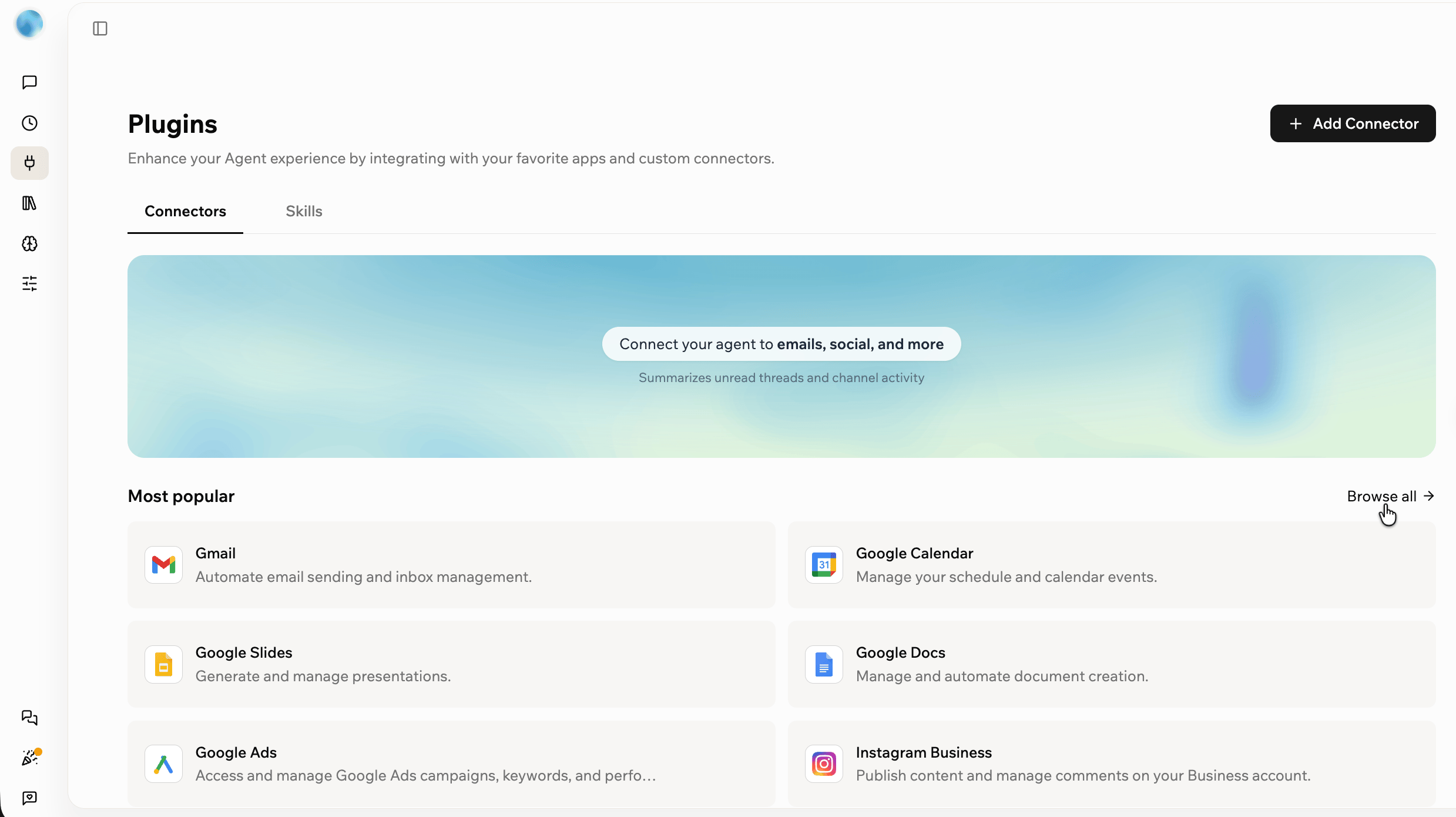 Plugins page in Superagents showing Connectors and Skills tabs with popular connectors