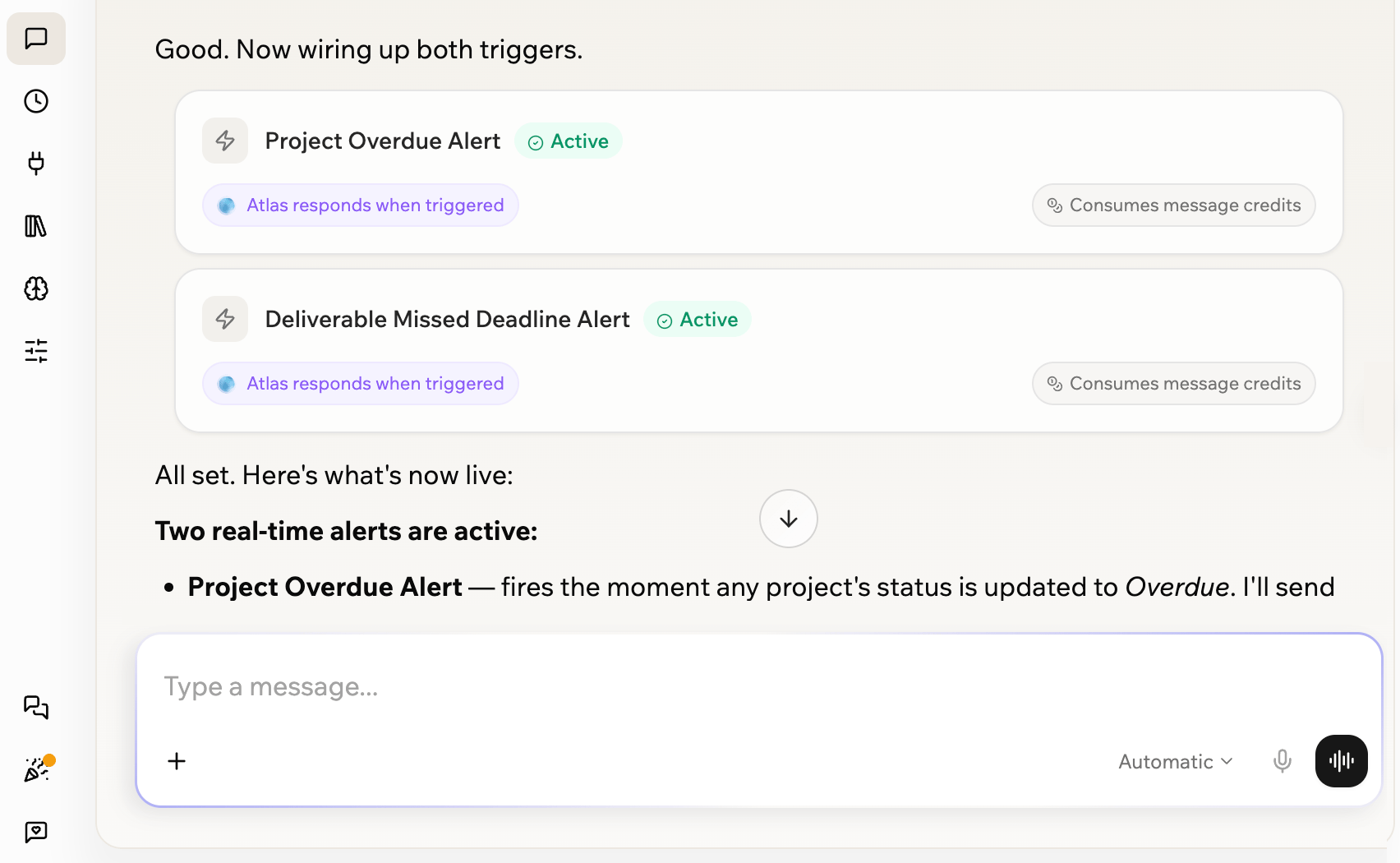 Superagent chat showing triggered automations created for a workflow