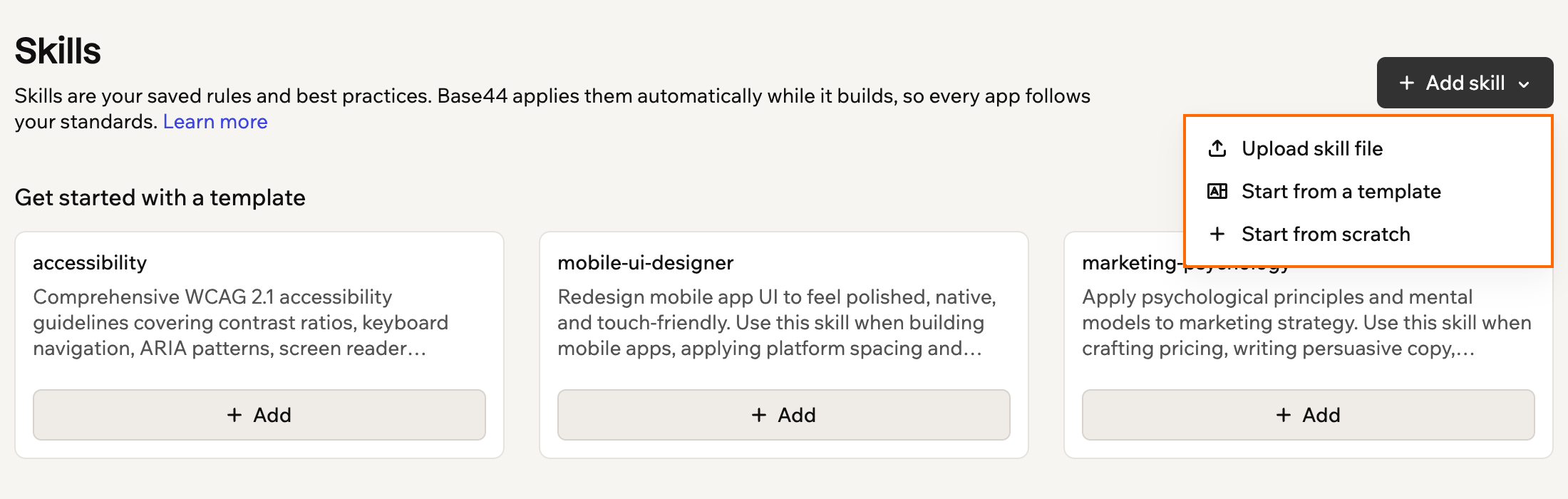The Add skill menu open on the Skills page, with Upload skill file, Start from a template and Start from scratch