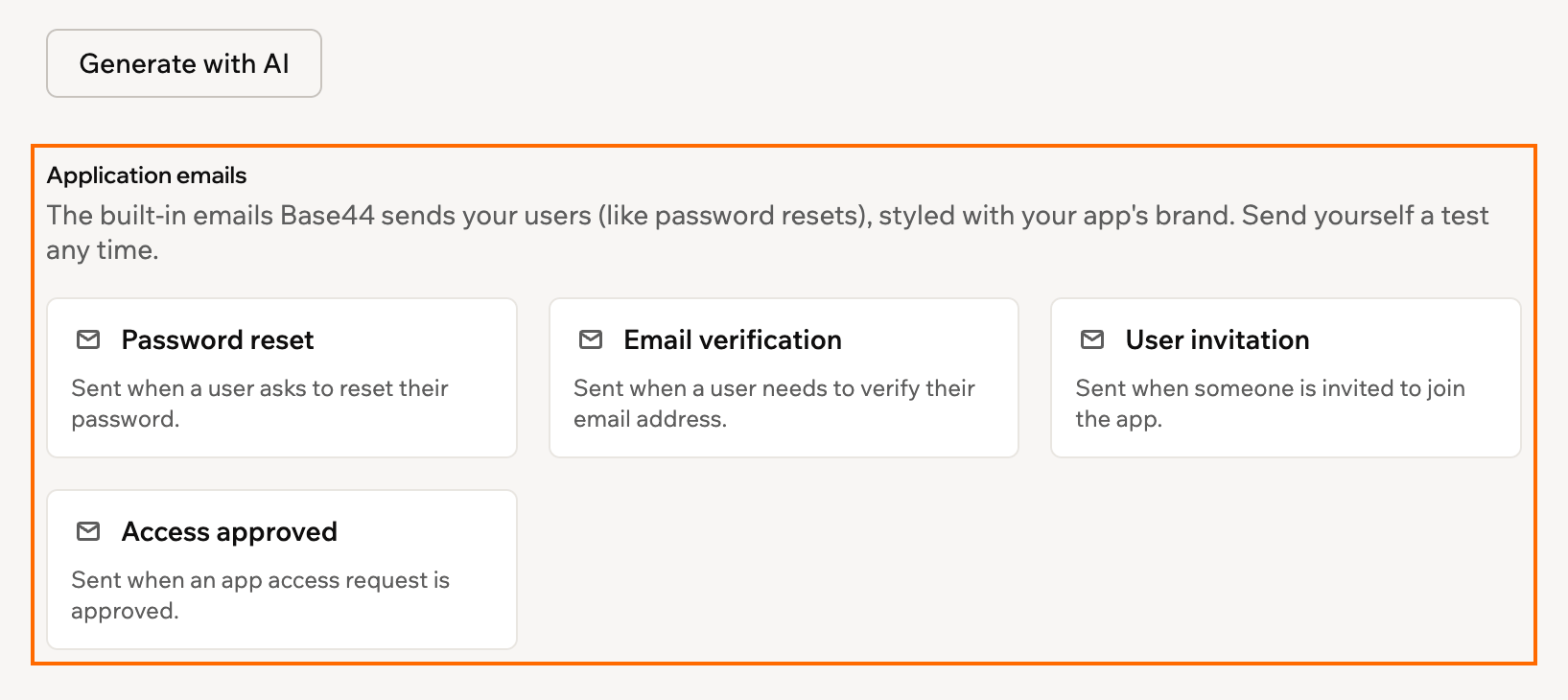 A screenshot of the Application emails list: Password reset, Email verification, User invitation and Access approved