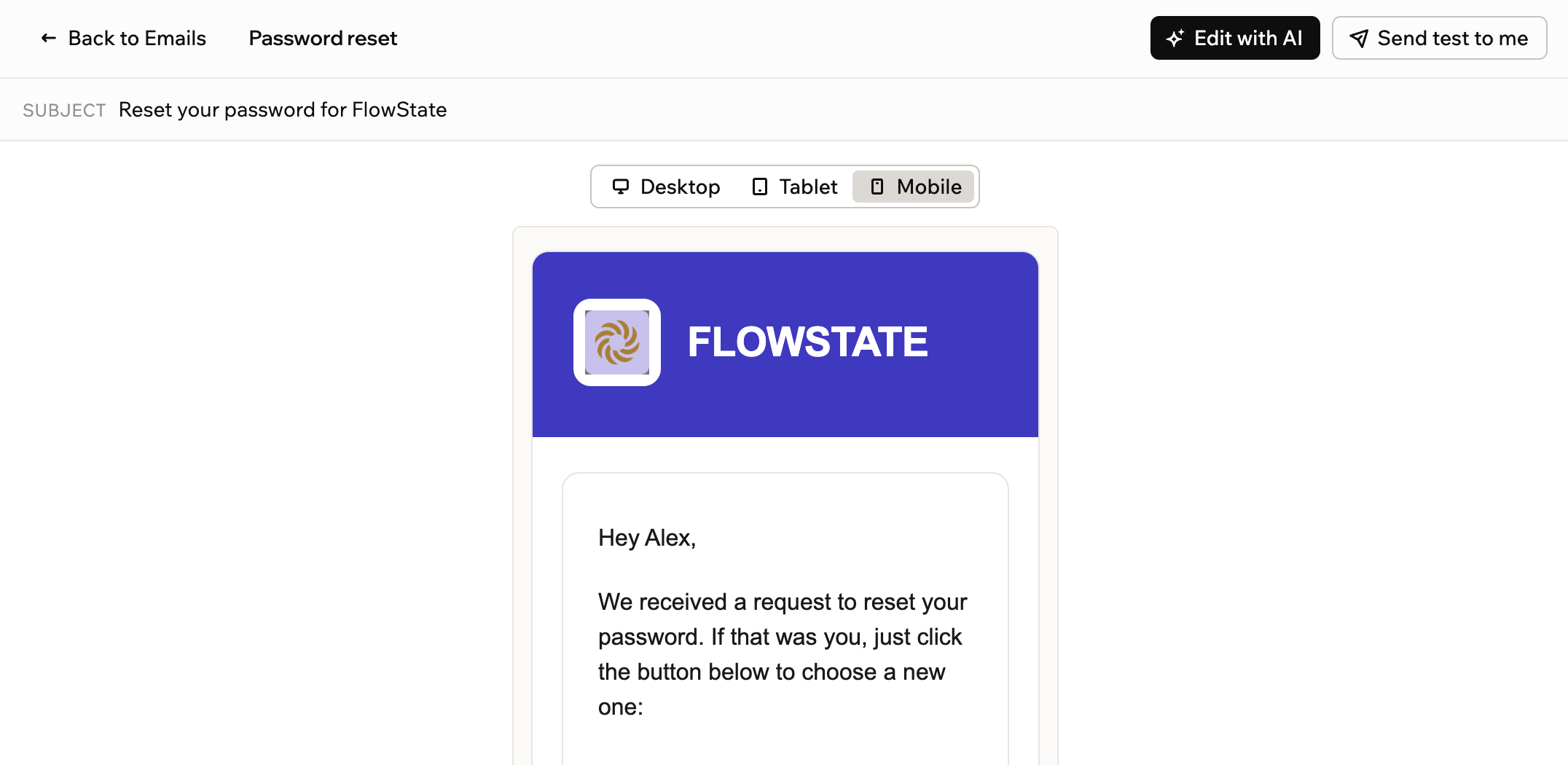 A screenshot of the Password reset email preview at Mobile size, with Edit with AI and Send test to me