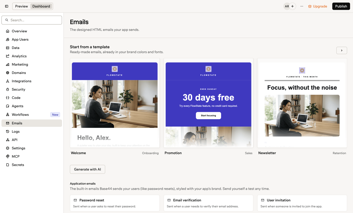 A screenshot of the Emails tab with the Start from a template gallery, Generate with AI and the built-in emails list