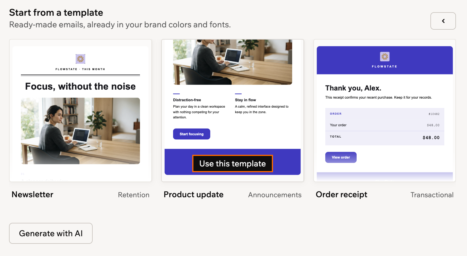 A screenshot of the Start from a template gallery with Use this template outlined on the Product update template