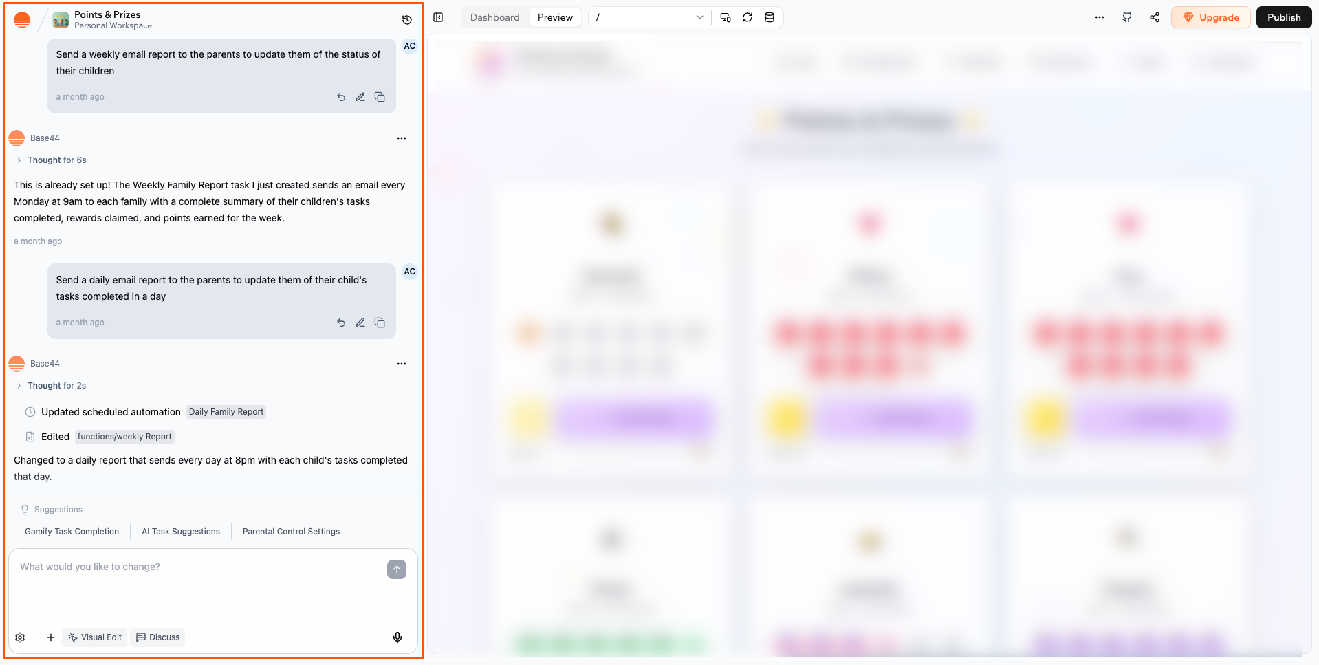 The AI chat inside the Base44 app editor.