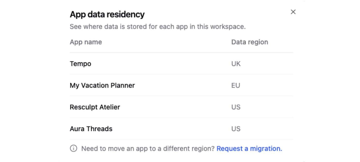 Viewing the data residency for all the apps in your workspace