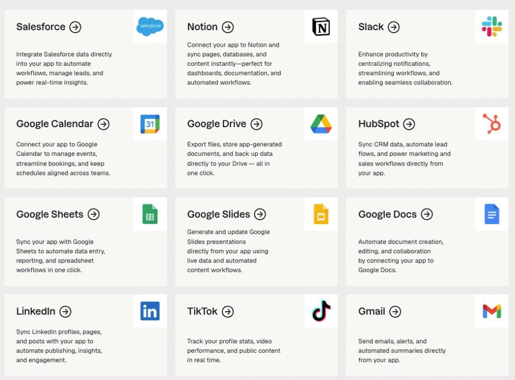 דוגמאות למחברים של Base44, כולל Salesforce, Notion, Slack ו-Google Calendar