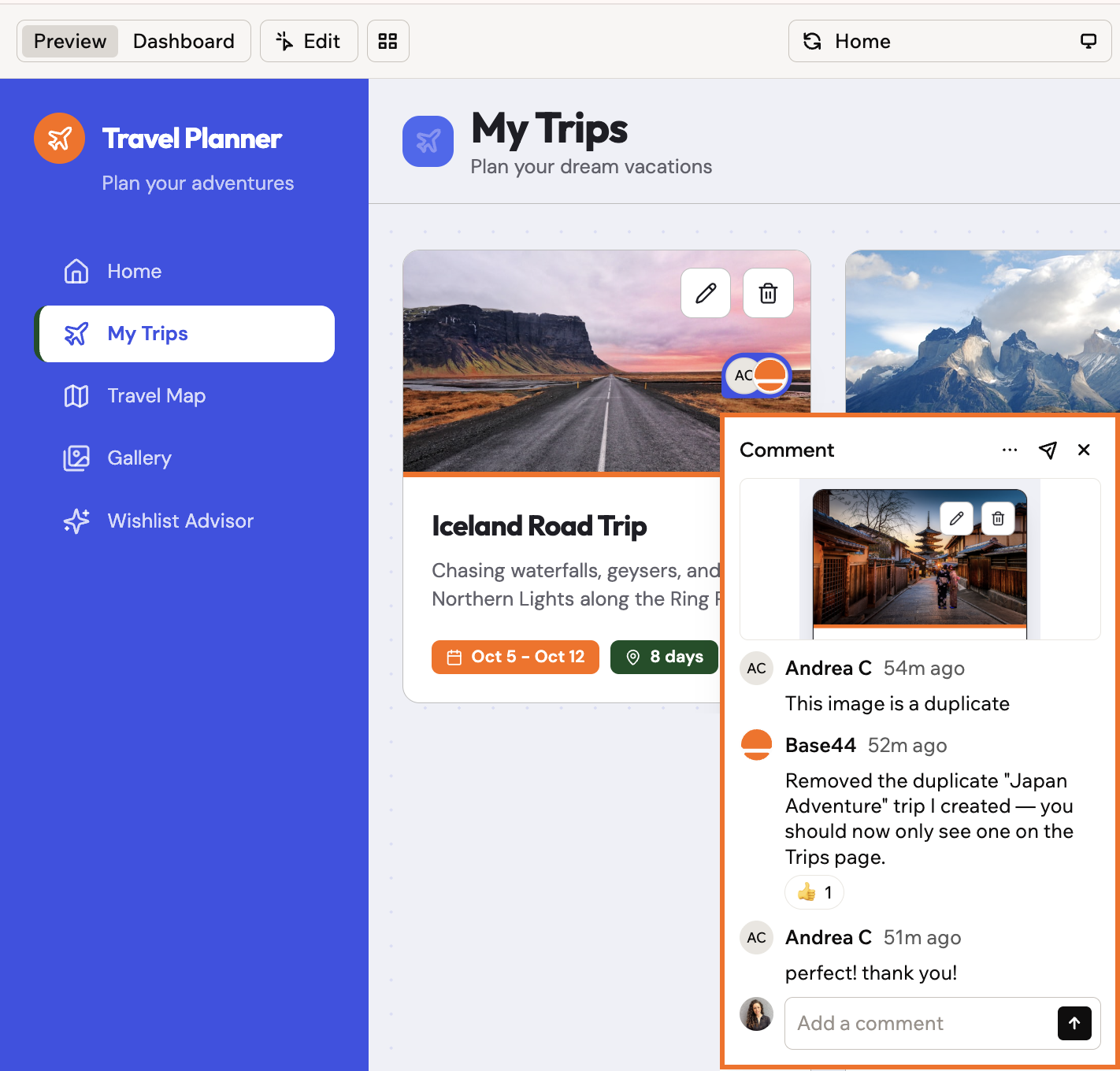 A comment thread pinned to an app preview, with a reply from Base44