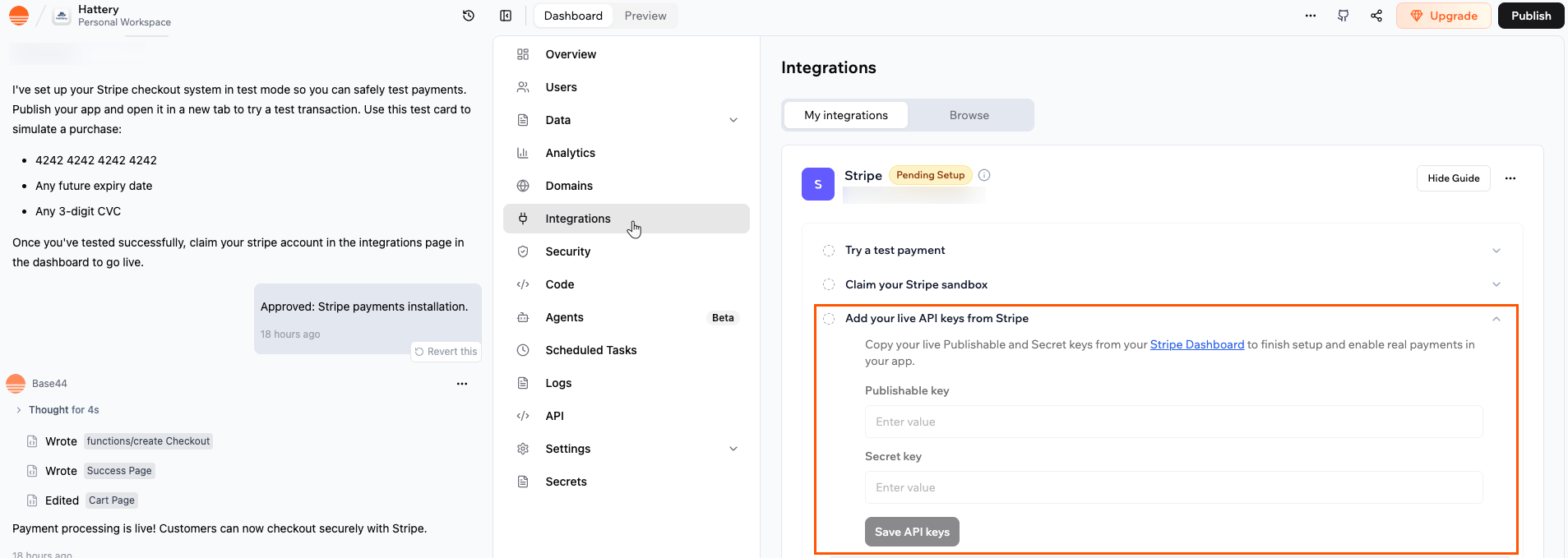 Base44 に API キーを追加して Stripe に接続する