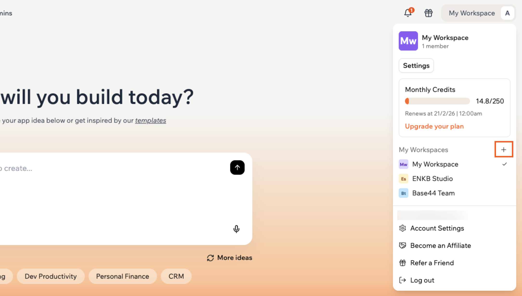 Creating a new workspace in your Base44 account