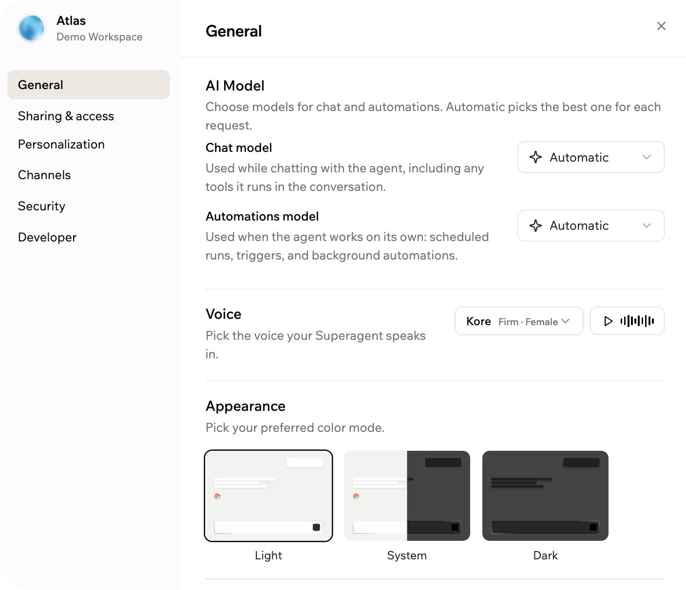 Customize panel showing General settings for AI models, voice, and appearance