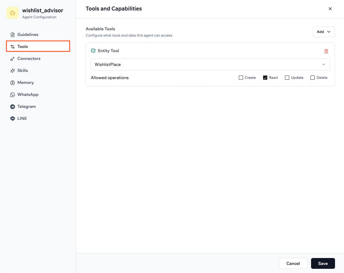 Setting the tools and capabilities of your agent