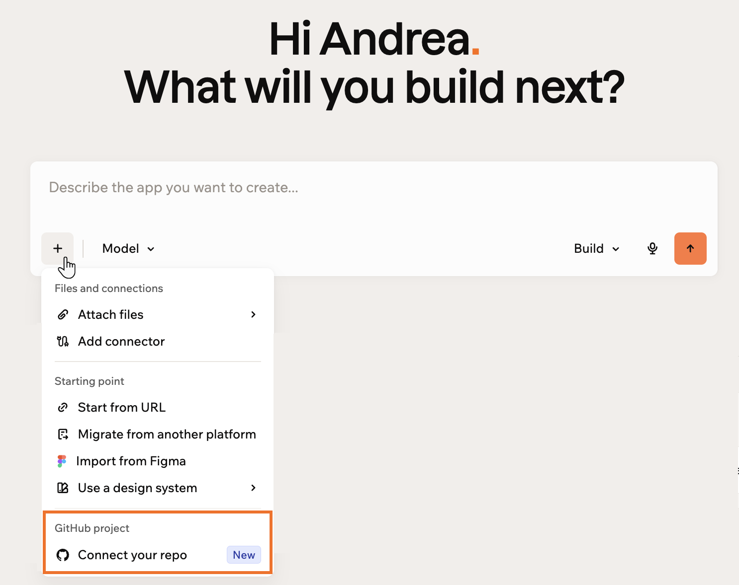 The plus menu open on the Base44 home page, with Connect your repo under GitHub project