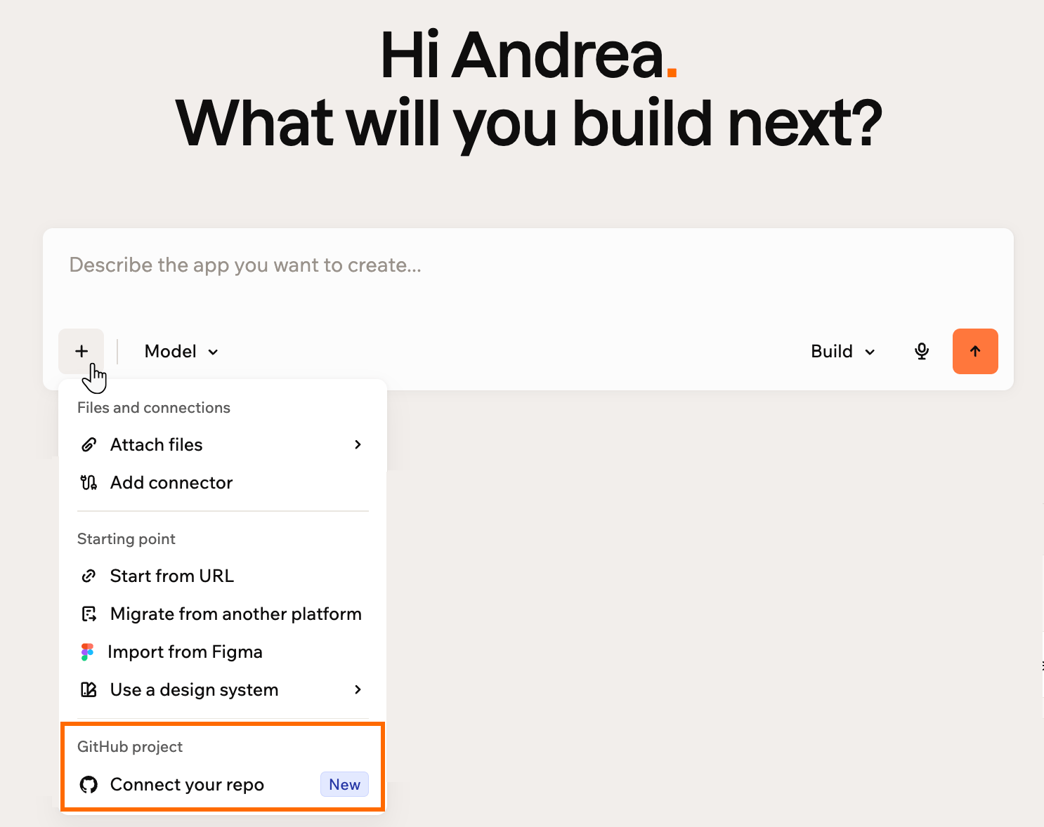 The plus menu open on the Base44 home page, with Connect your repo under GitHub project