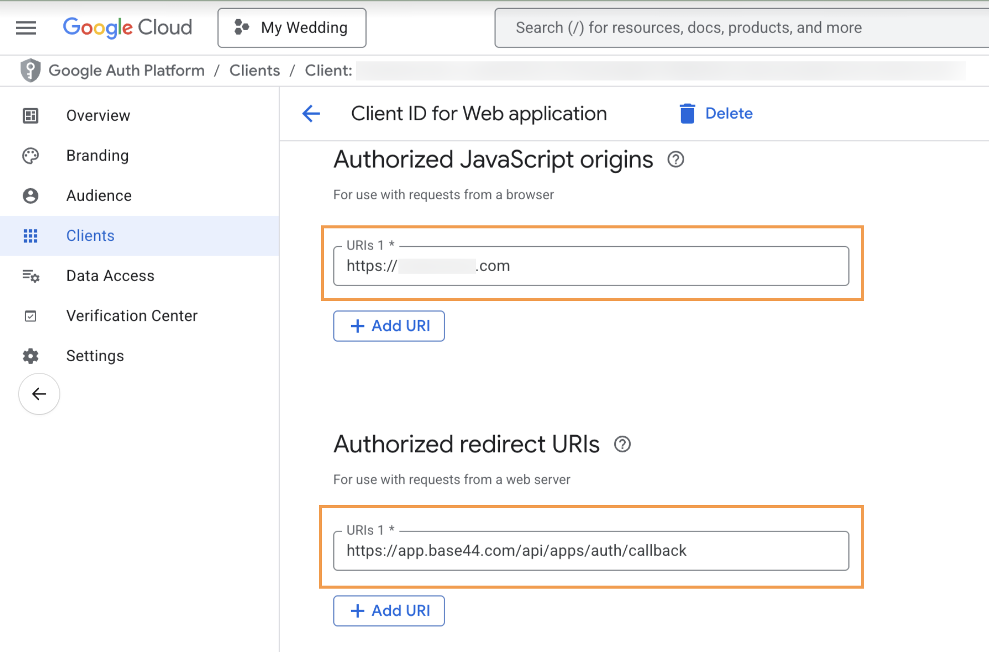 Entering Client details in Google Console Entering Client details in Google Console