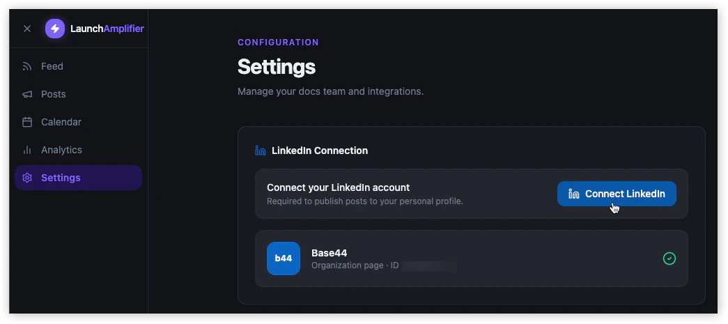 Settings page in an app showing a LinkedIn Connection section with a Connect LinkedIn button.