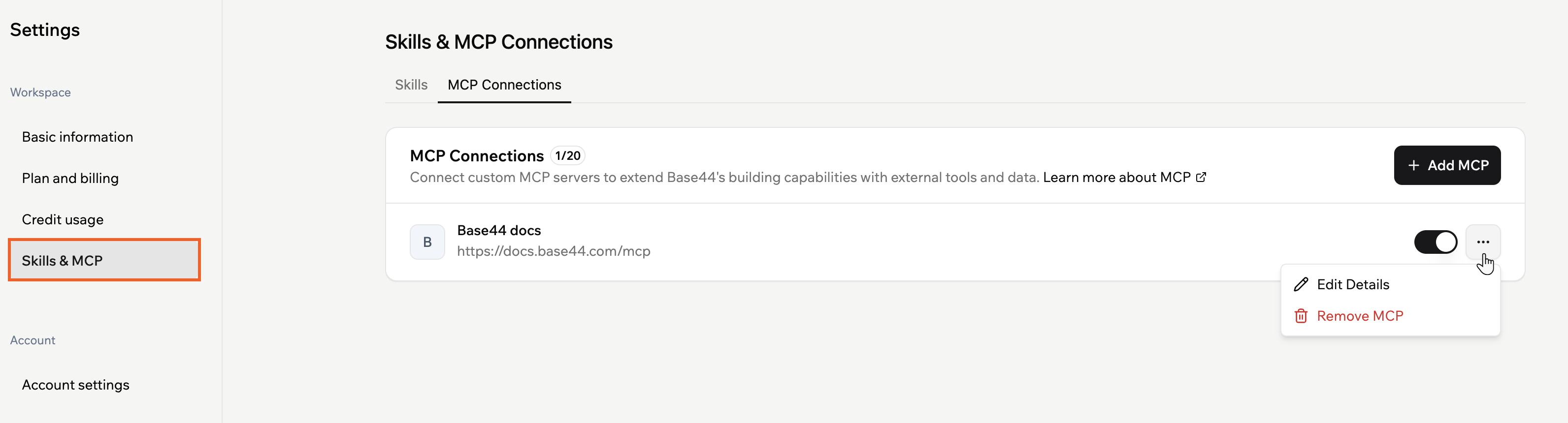 Editing or removing an MCP connection in your Base44 account
