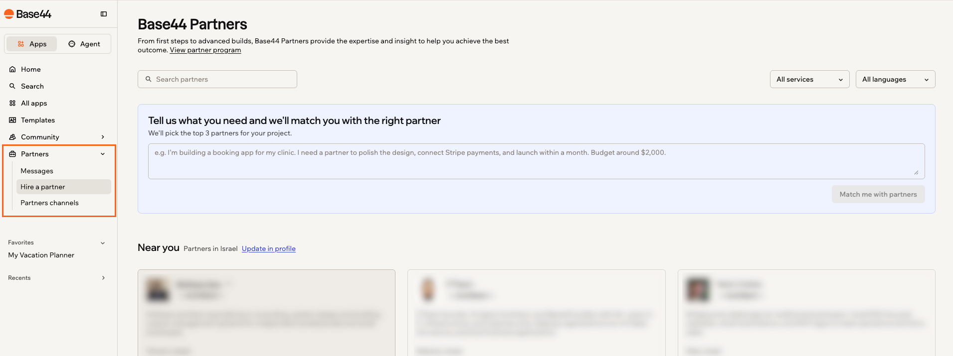 The Partners section highlighted in the sidebar, with Messages, Hire a partner, and Partners channels