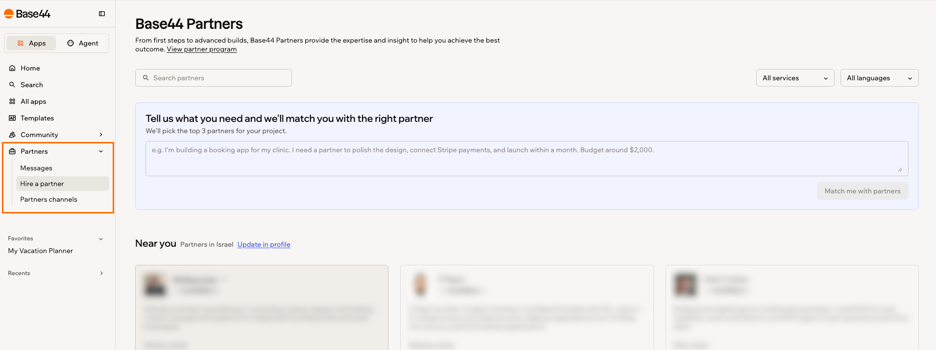 The Partners section highlighted in the sidebar, with Messages, Hire a partner, and Partners channels