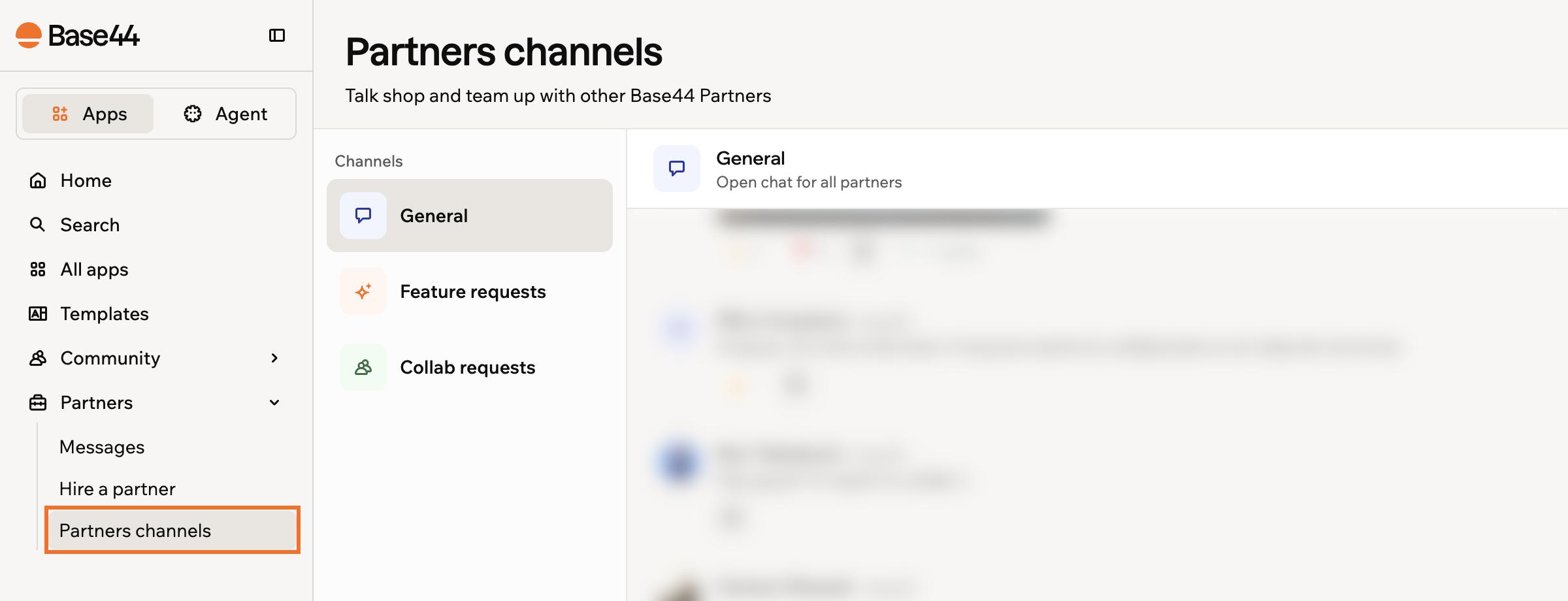 The partners channels, with the General, Feature requests, and Collab requests channels