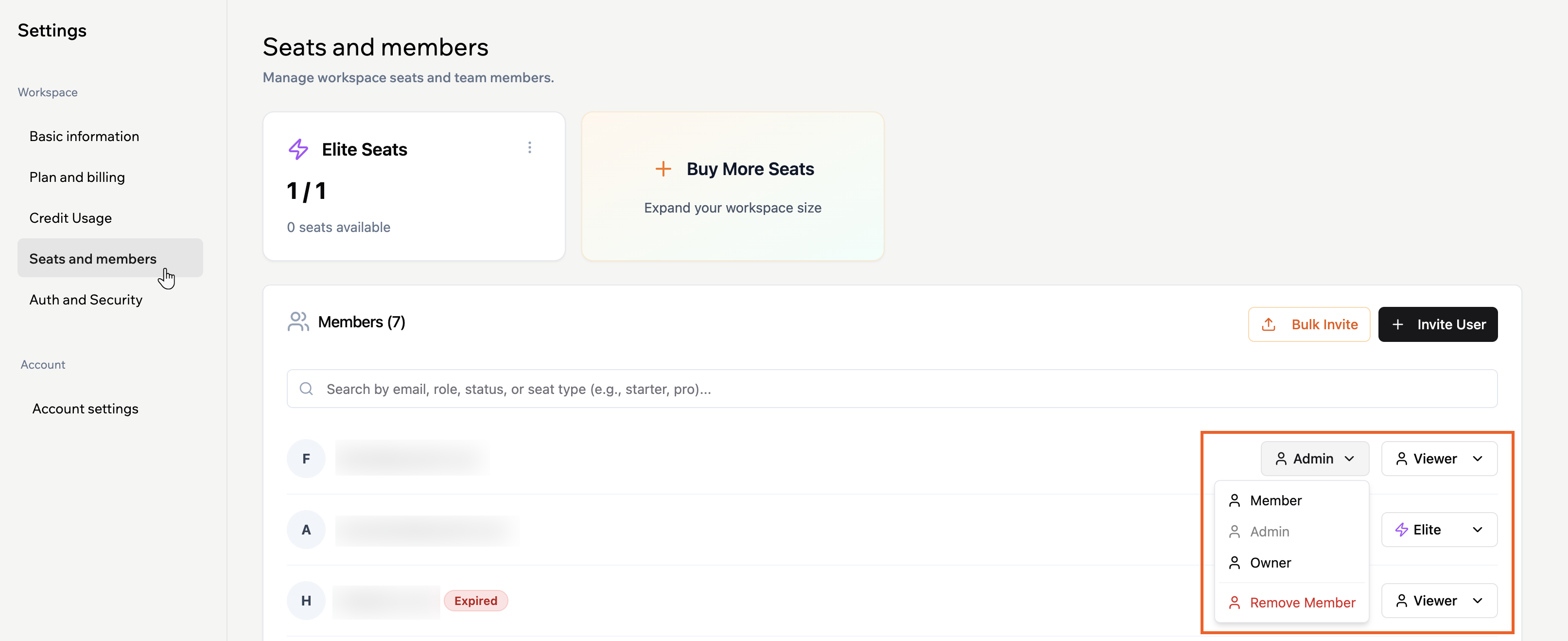 Updating seats and roles of your workspace members