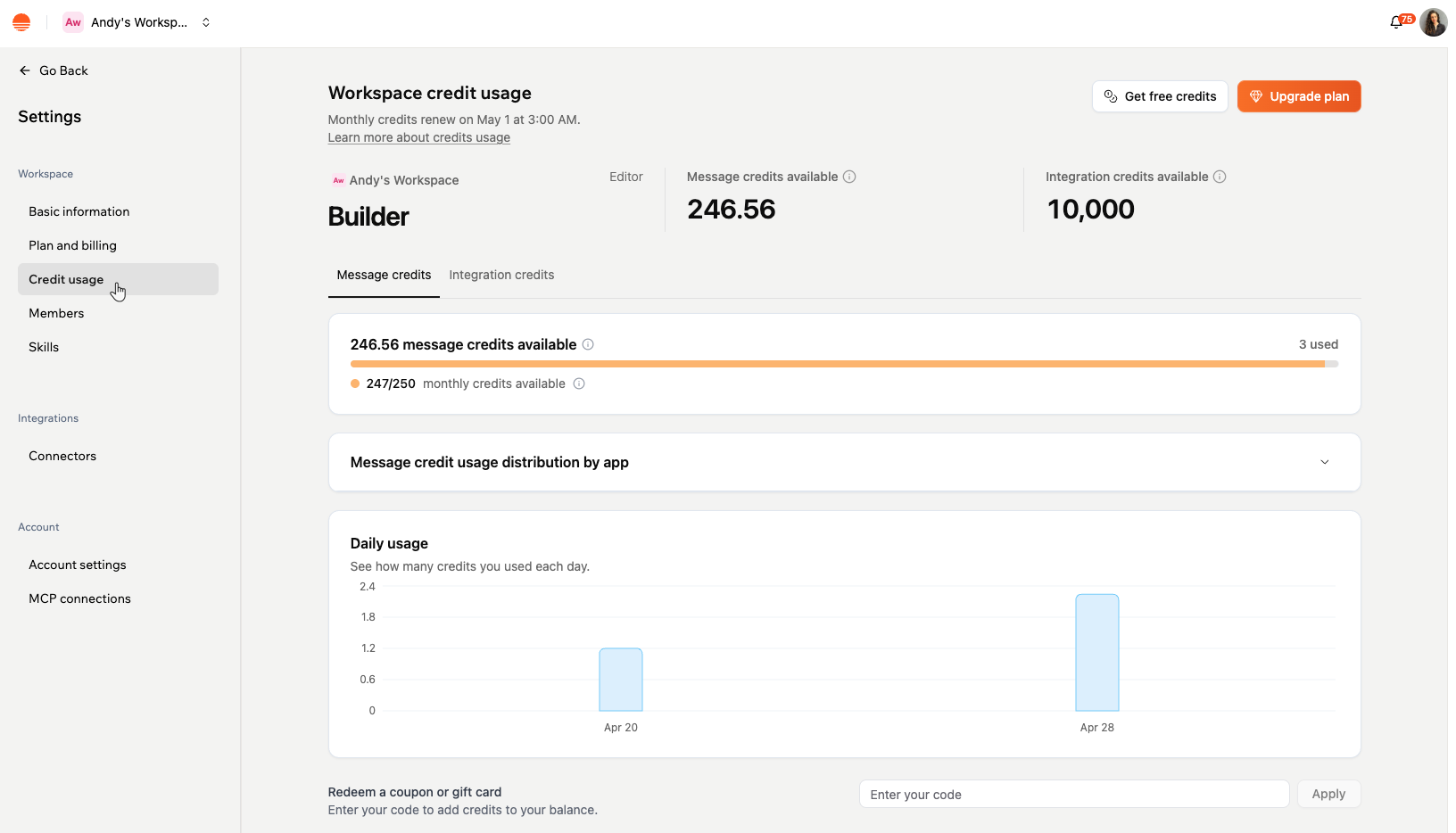 Viewing your credit usage in Base44
