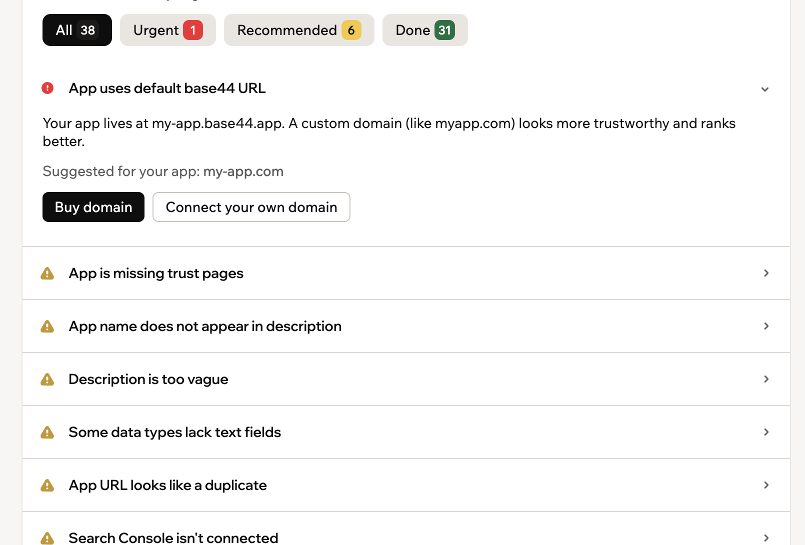 Uno screenshot della checklist SEO con un elemento espanso che mostra la spiegazione e i pulsanti di azione
