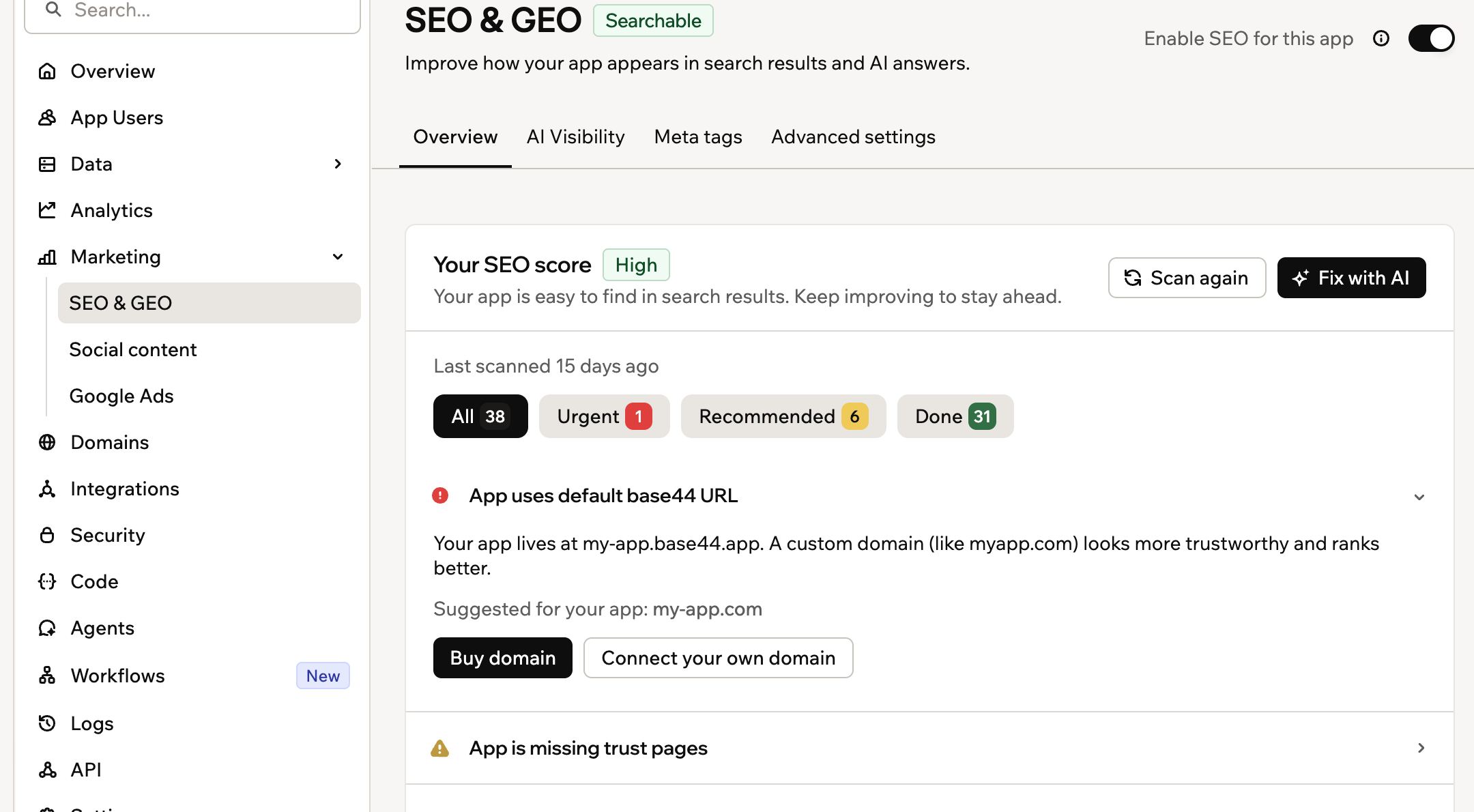 Uno screenshot della dashboard dell'app con SEO & GEO selezionato sotto Marketing, con il punteggio e le 4 schede